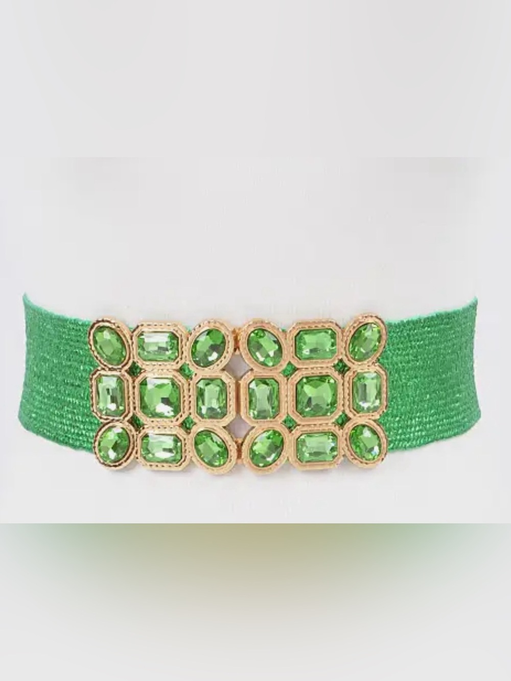 Green Elastic Belt with Gold and Green Gemstone Buckle